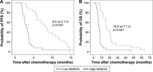 Figure 5 Kaplan–Meier survival curves for progression-free survival (A) and overall survival (B) in patients with squamous cell carcinoma. p-values were determined using the log-rank test.
