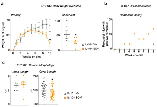 Figure 2. A diet high in LA increases susceptibility to colitis in IL10−/− mice. IL10−/− mice fed SO+f or Viv diet for 10 weeks.