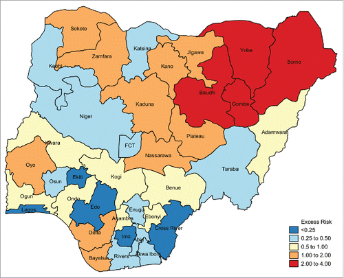 Figure 3. Excess risk map of non-vaccinated (for polio) children by State, Nigeria 2013.