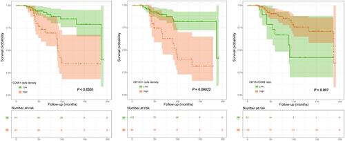 Figure 6 Kaplan–Meier curves of overall survival of chondroblastoma patients stratified by CD68+ cell density, CD163+ cell density and CD163/CD68 ratio.