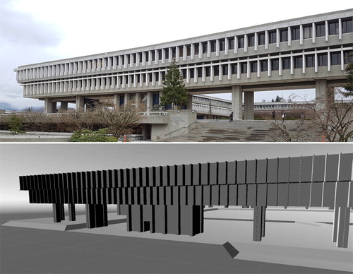 Figure 2. (Top) A real-world view of one of the buildings used in the evacuation analysis (author photo). (Bottom) A 3D re-creation of that building as seen in the VE.