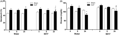 Figure 3. Effect of SD17 treatment on (A) haematocrit and (B) glycaemia levels at 4, 6 and 24 h after Sham or CLP operation. Values shown are means ± SEM. *p < 0.05 compared to the Sham group; +p < 0.05 compared to the same group (i.e., in comparison to the CLP + water and CLP + SD17 groups 4 and 6 h); #p < 0.05 compared to vehicle (water) treatment in the same period and same group (i.e., in comparison to the CLP + water group 24 h). n = 4–11 animals/group.