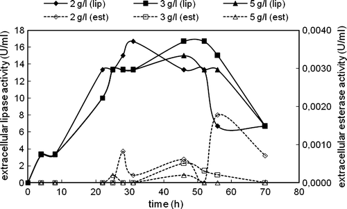 Figure 2.  Variations in extracellular lipase and esterase activities with time in the cultivation of C. rugosa (one-step inoculation; carbon source: triolein; nitrogen source: 4 g/l urea; T = 30°C; N = 150 rpm).