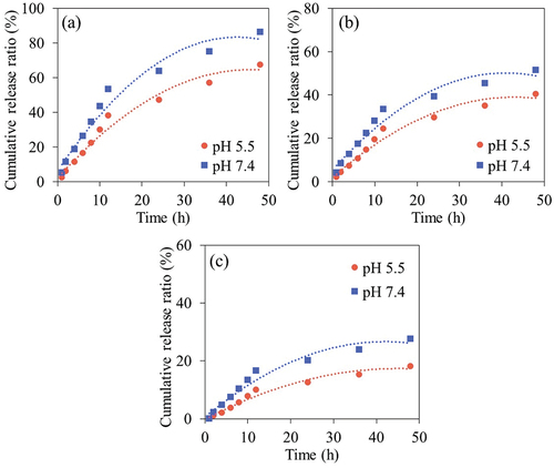 Figure 14. The cumulative CP release profile from (a) CP@CDs-100, (b) CP@CDs-200, and (c) CP@CDs-400 conjugates at different pH from 0 to 48 h at 37°C in an incubator shaker at 200 rpm.