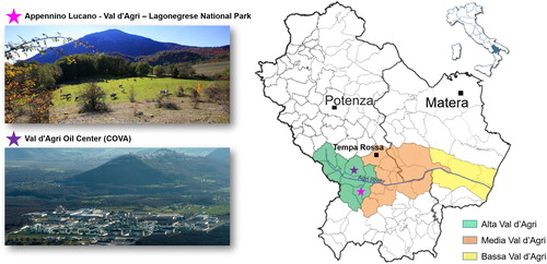 Figure 1. The localization of Basilicata region and Val d’Agri area with a zoom on the Appennino Lucano – Val d’Agri – Lagonegrese National Park and the COVA. Source: Google