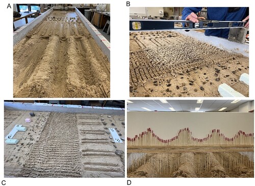 Figure 1. Steps for surface roughness data collection: Image (a) shows 24 various surface roughness profiles across the flume; Image (b) indicates the method of scanning profiles using iPhone LiDAR; Image (c) shows the locations of paper targets on the profile surfaces as well as on the edges of the flume for the SfM approach; and Image (d) shows the wooden pin profiler measuring roughness.