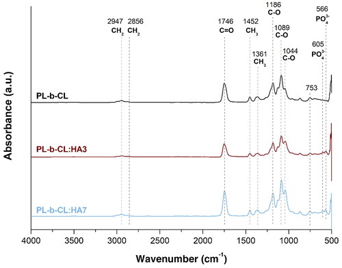 Figure 3. FTIR spectra of the distinct formulations, detailed according to the identified peaks and corresponding functional groups.