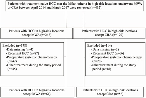 Figure 3 Flow diagram shows exclusion criteria in patients with hepatocellular carcinoma in high-risk location.Abbreviations: CRA, cryoablation; MWA, microwave ablation.