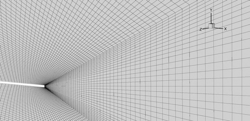 FIG. 4 Multiblock structured computational mesh near the 57 μ m capillary tip. The USP inlet diameter is 31.8 mm, resulting in a three order of magnitude change in spatial dimensions that must be resolved.