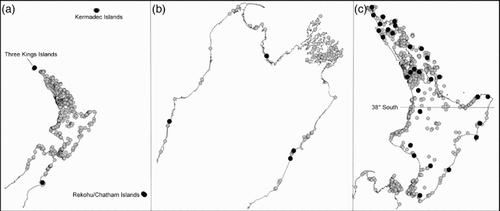 Figure 1 Distribution of Corynocarpus laevigatus. A, Across New Zealand including the Three Kings Islands off the northern tip of New Zealand's North Island, the Kermadec Islands to the north and the Chatham Islands to the west; B, northern South Island; C, North Island of New Zealand showing locations of inland C. laevigatus populations. The grey circles are records in the AK, CHR, NZFRI and WELT herbaria. Herbaria abbreviations follow Thiers (Citation2015). The black circles represent specimens sampled for this study.