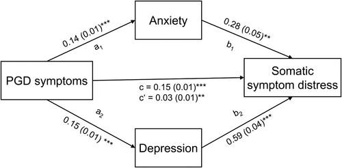 Figure 2. Parallel mediation model in n = 1335 participants with complete data. Unstandardized estimates with heteroscedasticity consistent standard errors (HC3) in brackets. *** p < .001, ** p < .01, *p < .05. PDG = Prolonged Grief Disorder.