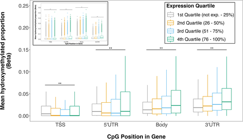 Figure 3. Placental 5hmC distribution across gene compartments of genes with varying expression levels. Genes were grouped into expression quartiles based on mean transcript levels across all subjects. CpG probes were mapped to compartment of nearest gene from EPIC array annotation package. Box plots denote distribution of 5hmC, with boxes encompassing 25th to 75th percentile (with the length of the box representing the IQR, defined as the difference between the 25th and 75th percentiles), the median denoted as line within box, and the upper and lower whiskers marking the maximum and minimum values no further than 1.5 × IQR, respectively. Outliers were suppressed to improve visualization of differences. Inset plot represents the plot with outliers included. Asterisks mark significant differences in 5hmC levels across expression quartiles within each gene compartment (ANOVA p < 0.05).