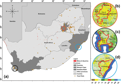 Figure 1. (a) a map showing the distribution of power plants and station over South Africa and the provinces of (b) Gauteng, (c) Western Cape and (d) eThekwini.