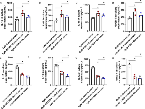 Figure 8 Blockage of CD39 with POM-1 and of NLRP3 with MCC950, respectively, enhanced and reduced the release of (A and E) IL-1β, (B and F) IL-18, (C and G) IL-1α, and (D and H) HMGB-1 in CpG-stimulated THP-1 cells. However, the effect of EA serum was not blocked after POM-1 and MCC950 incubation. *P < 0.05 compared to the CpG group (n=3). Data are analyzed using one-way ANOVA followed by Bonferroni post-hoc analyses.