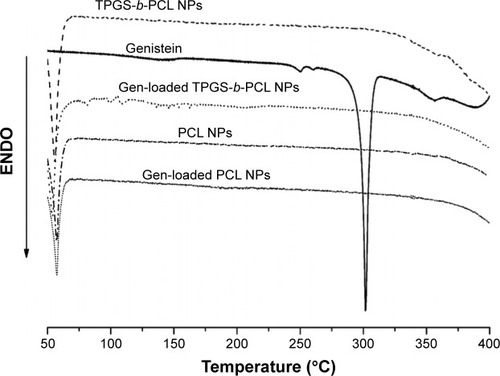 Figure 7 DSC thermograms of the pure genistein, blank PCL NPs, blank TPGS-b-PCL NPs, and genistein-loaded PCL NPs, and TPGS-b-PCL NPs.Abbreviations: DSC, differential scanning calorimetry; ENDO, endotherm; NPs, nanoparticles; PCL, poly(ε-caprolactone); TPGS, d-α-tocopheryl polyethylene glycol 1000 succinate.