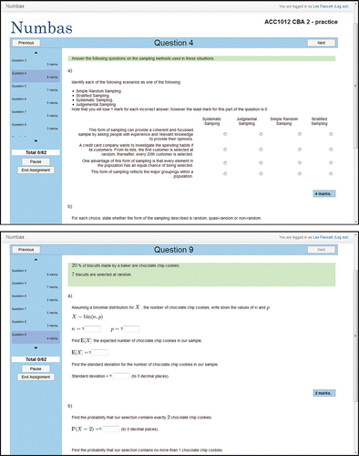 Figure 3. Screenshots taken from some of the Numbas tests used in the Statistics service course for Accounting and Finance students.