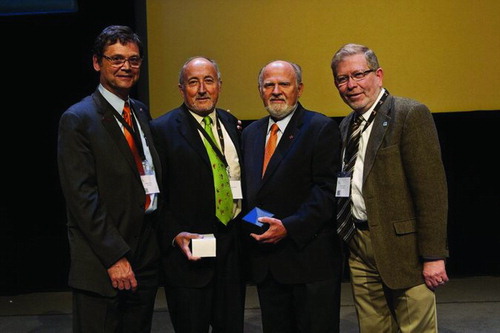 Figure 2.  Left to right: Professor Steve Rennard, who presented the award to Professor Roberto Rodriguez-Roisin, and Mr. John Walsh, who was presented with his award from Professor Bart Celli.