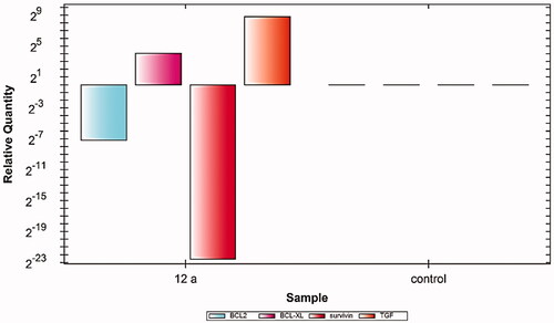 Figure 4. Relative gene expression levels of 4 different genes (BCL2, BCLXL, Survivin, and TGF) in Caco-2 cell line treated with 12a using RT-qPCR.