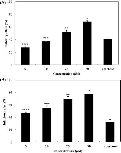 Figure 3. Inhibitory effects of 2,7″-phloroglucinol-6,6′-bieckol against α-glucosidase (A) and α-amylase (B). Acarbose was used as a positive control. Each value is expressed as the mean ± SD of triplicate experiments. Values with different symbols (*,**,***,****) are significantly different at p < 0.05 in Duncan’s multiple range tests. The final concentration of acarbose is 100 μM.