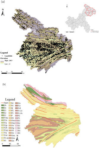 Figure 1. Landslide distribution and the geological map of the study area. (a) Location and historical landslide events distribution and (b) geological map.
