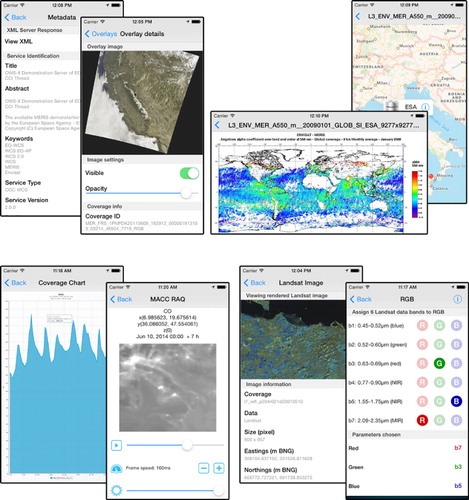 Figure 3. Screenshots from the EarthServer Science Gateway Mobile app.