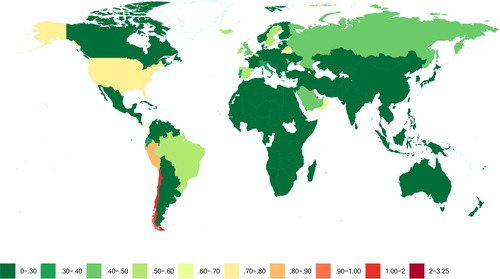 Figure 1. COVID-19 cases per population by country (%), (3.2% = maximum total cases per total population). Source: Author’s calculations based on CitationECDC (2020a) and CitationWDI (2020). Modified R code based on CitationLuginbuhl (2018).Notes: White areas represent countries with no data.