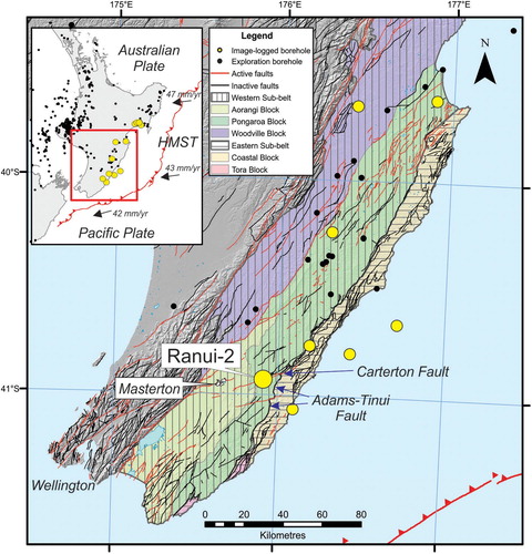 Figure 1. Map showing the location of the Ranui-2 borehole and other imaged wells in the southern onshore East Coast Basin, the active and inactive faults present in the area, and the sub-belts and structural blocks of Moore (Citation1988a). The inset map shows the present plate margin boundary (HMST – Hikurangi Margin subduction thrust) and the relative plate motion vectors from Nicol et al. (Citation2007). Boundaries are approximate.