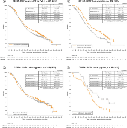 Figure 3. SOPHIA overall survival analysis, per CD16A genotype by treatment group.(A) Kaplan–Meier estimates of OS by treatment group in CD16A-158F carriers (FF or FV), (B) CD16A-158FF homozygotes, (C) CD16A-158FV heterozygotes and (D) CD16A-158VV homozygotes.HR: Hazard ratio; OS: Overall survival.Reproduced from [Citation19], https://ascopubs.org/journal/jco/.