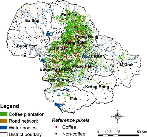 Figure 2. Map of coffee-cultivated areas in the study region overlaid with layers of the road network and water bodies. Ground reference pixels (dots) were used for the accuracy assessment of the coffee mapping results.