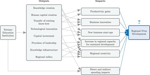 Figure 1. Outputs and expected regional economic impacts of tertiary education institutions.Sources: Authors based on Goldstein et al. (Citation1995) and Goldstein and Renault (Citation2004).