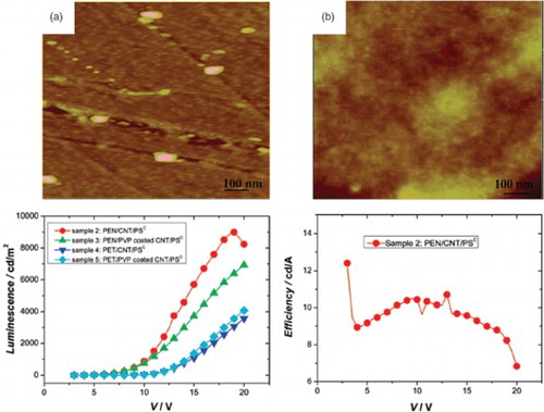 Figure 7. (a) AFM image of the SWNT film coated with PEDOT:PSS. (b) AFM image of the SWNT film coated with PEDOT:PSS:MeOH. [Reprinted from Li et al. [Citation50], © 2006, with permission from American Chemical Society] (c) Luminescence vs. voltage characteristics of OLED on a PET and PEN substrate with and without polymer coating. (d) CE vs. voltage characteristics of an OLED device with PEN/CNT/PEDOT:PSS. [Reprinted from Ou et al. [Citation59], © 2009, with permission from American Chemical Society]