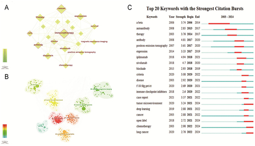 Figure 7 (A) A visual map for CiteSpace network among keywords. (B) The cluster of keywords in the studies of Cancer Immunotherapy and Medical Imaging. (C) Top 20 keywords with the strongest citation bursts in Cancer Immunotherapy and Medical Imaging.
