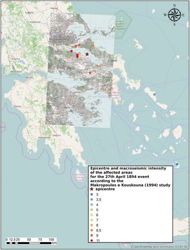 Figure 3. Plot of the epicentre (star) and the macroseismic intensities (dots) related to the 27 April 1894 event according to the study by Makropoulos and Kouskouna (Citation1994). General-Karte des KönigreichsGriechenland © British Library Board.\