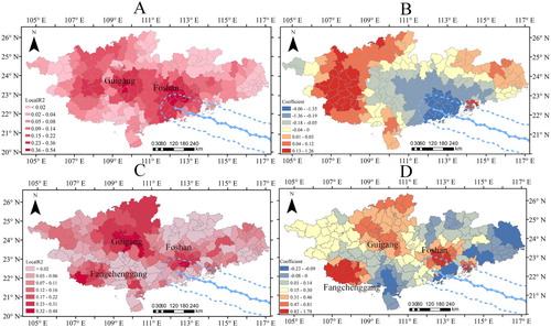 Figure 9. The local R2 values (A) and the local coefficients (B) from the GWR model, in which the percentage of abnormal grids and the shortest distance to the typhoon trajectory are the dependent and explanatory variables, respectively. The local R2 values (C) and the local coefficients (D) from the GWR model, in which the log percentage of abnormal grids and the log rainfall are the dependent and explanatory variables, respectively.