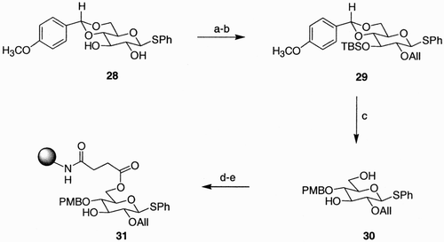 Scheme 5: Reagents and conditions: a) TBDMSCl, Imidazole, CH2Cl2, 94%; b) AllBr, NaH, DMF, 70%; c) LiAlH4‐AlCl3, CH2Cl2, Et2O, 82%; d) succinic anhydride, pyridine, DMAP; e) NH2‐PS/DV, HOBt, HBTU, DIPEA, DMF.