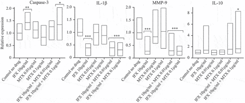 Figure 5. Infliximab (IFX) modulates gene expression in psoriatic arthritis (PsA) patients’ synovial fluid mononuclear cells (SFMCs) differently from methotrexate (MTX). SFMCs derived from PsA patients (n = 6) were cultured (1.5 × 106 cells/well) for 48 h in the presence of IFX 10 µg/mL, MTX 0.01 µg/mL, or MTX 0.1 µg/mL, as well as combinations of IFX 10 µg/mL + MTX 0.01 µg/mL and IFX 10 µg/mL + MTX 0.1 µg/mL. Caspase-3, interleukin-1β (IL-1β), matrix metalloproteinase-9 (MMP-9), and interleukin-10 (IL-10) mRNA expression was determined by real-time polymerase chain reaction. Data are shown as relative expression, normalized to glyceraldehyde-3-phosphate dehydrogenase (GAPDH), mean ± sem. Data were analysed with the Kruskal–Wallis test followed by Dunn’s post-hoc comparisons. *p < 0.03, **p < 0.003, ***p < 0.0001.