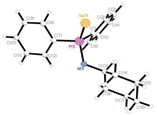 Figure 3. Single crystal structure of compound (13). Selected bond lengths (Å) and angles (å): Se(1)-P(1) 2.139(3), P(1)-N(1) 1.672(7), P(1)-C(1) 1.839(9), P(1)-C(7) 1.819(9); Se(1)-P(1)-N(1) 119.6(3), Se(1)-P(1)-C(1) 1115(3), Se(1)-P(1)-C(7) 112.4(3), N(1)-P(1)-C(1) 104.6(4), N(1)-P(1)-C(7) 102.3(4), C(1)-P(1)-C(7) 105.0(4).