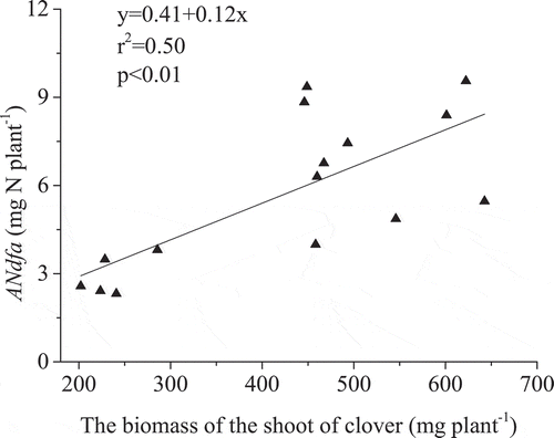 Figure 3. The relationship between the total amount of fixed N in clover and the aboveground biomass.