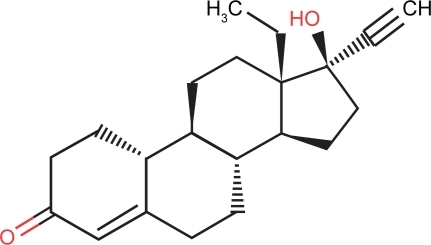 Figure 1 Norgestrel: 8R,9S,10R,13S,14S,17S-13-ethyl-17-ethynyl-17-hydroxy- 1, 2, 6, 7, 8, 9, 10, 11, 12, 14, 15, 16-dodecahydrocyclopenta[a]phenanthren-3-one.