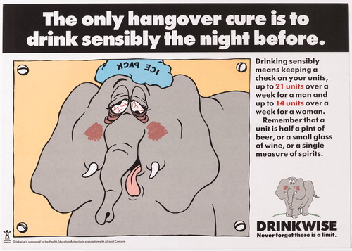 Figure 2. ‘The only hangover cure is to drink sensibly the night before’, HEA/Alcohol Concern, 1990. Image courtesy of the Science Museum Group. This image is released under a Creative Commons Attribution-NonCommercial-ShareAlike 4.0 Licence.