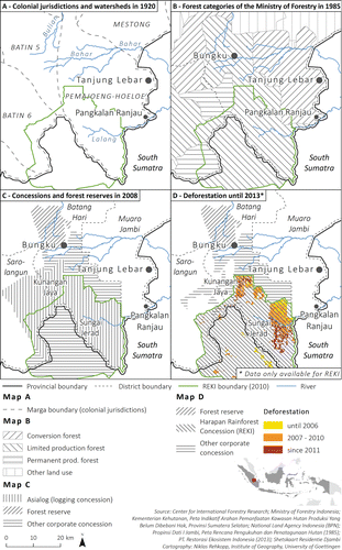 Figure 1 Different thematic maps of the Harapan Rainforest and its surroundings.