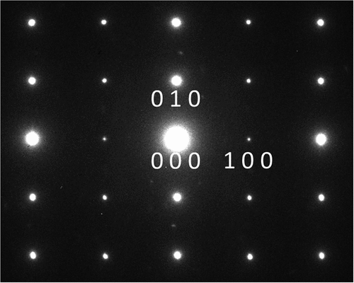 Figure 2. A selected area electron diffraction pattern taken by the TEM for Lss-Na. The incidental beam direction is considered to be [0 0 Citation1]. The indexed spots are considered to be 100 and 010, respectively.