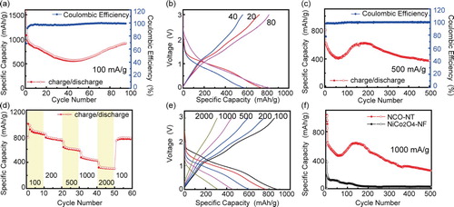 Figure 4. Electrochemical performance of NCO-NTs. (a) Cycling performance and CE of NCO-NT at 100 mA/g. (b) Voltage-specific capacity profiles after 20, 40 and 80th cycles in Figure 4(a). (c) Cycling performance and CE of NCO-NT at 500 mA/g. (d) Rate performance of NCO-NT at 100, 200, 500, 1000, 2000 and 100 mA/g separately, each current density corresponding to 10 cycles. (e) Voltage-specific capacity profiles of NCO-NT at various current densities in Figure 4(d). (f) Long cycling performance comparison of NCO-NT and pure NiCo2O4-NF at 1000 mA/g.