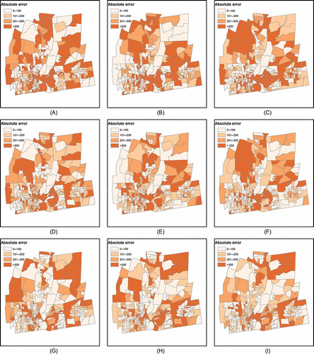 Figure 2. The spatial distributions of absolute errors for areal interpolation results: (A) IDMC with CLEAR as ancillary data; (B) GWRSC with C-CAP as ancillary data; (C) GWRSP with NLCD as ancillary data; (D) BDAS with road buffer-enhanced CLEAR as ancillary data; (E) GWRSC with road buffer-enhanced C-CAP as ancillary data; (F) GWRSP with road buffer-enhanced NLCD as ancillary data; (G) GWRSC with parcel-enhanced CLEAR as ancillary data; (H) QRSC with parcel-enhanced C-CAP as ancillary data; (I) GWRSC with parcel-enhanced NLCD as ancillary data.