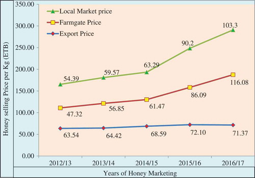 Figure 6. Trend of farm gate, local, and export honey price.