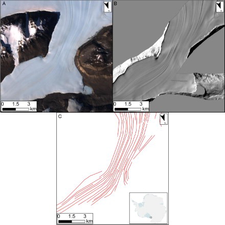 Figure 4. Visual comparison between a Landsat image (A), a hillshaded high-resolution (2 m) LiDAR DEM (B) and mapping (C) of LSSs on Taylor Glacier. Whilst identification is easier upon high-resolution elevation models, no new features were identified upon the higher resolution model.