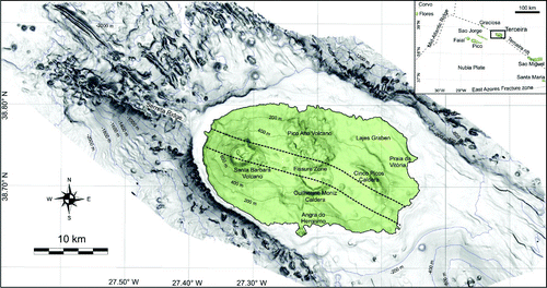 Figure 1. Shaded relief of the Terceira volcanic edifice (sun-light is azimuthal), contour interval: 200 m. Subaerial DTM from Instituto Geográfico do Exército (2001). In the inset, location of Terceira in the Azores archipelago.