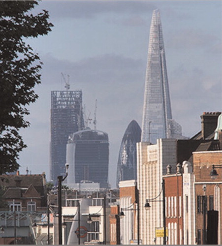 The most (in)famous of London’s supposedly ‘iconic’ crop of new skyscrapers—the ‘Cheesegrater’—left, behind—the ‘Walkie Talkie’—left, front—the ‘Gherkin’—middle—and the ‘Shard’—right—viewed from South London. Public domain (p. 765).