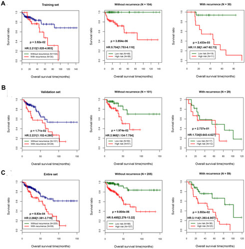Figure 4 Survival analysis using recurrence as the independent prognostic factor. Kaplan–Meier survival curves for the training set (A), validation set (B), and entire data set (C). The left panel shows the survival status of patients with or without tumor recurrence in the three data sets; the middle panel shows the survival status of patients with a high or low prognostic score in the “recurrence” group; and the right panel shows the survival status of patients with a high or low prognostic score in the “without recurrence” group.