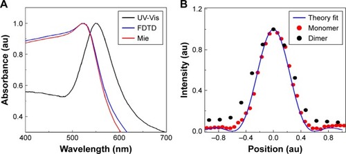 Figure 1 (A) Gold nanoparticle (AuNP) characterization: ultraviolet-visible spectroscopy (UV-Vis) spectrum of 80 nm diameter gold nanospheres (AuNS) compared with Mie theory and finite-difference time-domain (FDTD) simulations. The UV-Vis spectrum is the ensemble spectrum which is slightly red shifted compared to Mie theory and FDTD simulated single particle spectrum. (B) Typical confocal laser scattering point spread function (PSF) profile calculated from the cross-section of one of the areas of scattered intensity and collected with a photomultiplier tube, when the laser is scanned across the sample. The analytical PSF (blue continuous line) from single particles matches perfectly with experimental PSF (red dotted line), whereas the dimer has 1.2 times higher PSF (black dotted line). Red color spectrum indicates analytical PSF using Vectorial Debye theory for objective 1.4 numerical aperture, at 715 nm wavelength for circular polarization. Vectorial Debye theory can be used to calculate the diffraction pattern of an objective lens of high numerical aperture.